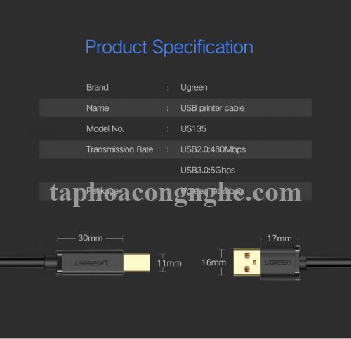 Ugreen 10351 3M màu Đen Cáp USB 2.0 sang USB B máy in đầu mạ vàng US135 30010351